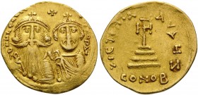 Heraclius, with Heraclius Constantine, 610-641. Solidus (Gold, 21 mm, 4.22 g), Constantinople, 7th officina, 629-631. dd NN hERACLIЧS ET hERA CONST PP...