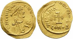 Constans II, 641-668. Tremissis (Gold, 18 mm, 1.46 g), Constantinople. d N CONSTANTINЧS T P P AV ( partially seen on the reverse ) Diademed, draped an...