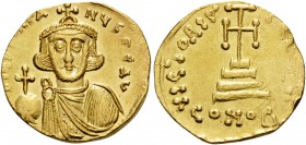 Justinian II, First reign, 685-695. Solidus (Gold, 19 mm, 4.39 g, 7 h), Constantinople 4th officina, 687-692. D IUSTINIA-NUS PE AV Crowned and bearded...