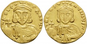 Leo III the "Isaurian", with Constantine V, 717-741. Solidus (Gold, 19 mm, 4.22 g, 6 h), Constantinople, 725-732. d N D LEO-N P A MЧL Crowned and bear...