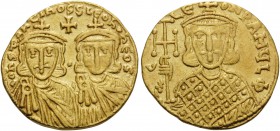 Constantine V Copronymus, with Leo IV, 741-775. Solidus (Gold, 20 mm, 4.42 g, 7 h), Constantinople, 757-775. COҺSτAҺτIҺOS S LЄOҺ O ҺЄOS Crowned, almos...