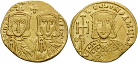 Constantine V Copronymus, with Leo IV, 741-775. Solidus (Gold, 21 mm, 4.47 g, 6 h), Constantinople, 757-775. COҺSτAҺτIҺOS S LЄOҺ O ҺЄOS (last S vertic...