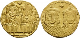 Leo IV the Khazar, with Constantine VI, 775-780. Solidus (Gold, 20.5 mm, 4.41 g), Constantinople, 778-780. LЄOҺ VSSЄqqOҺ COҺSτAҺτI O ҺЄOS (last S vert...