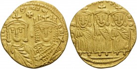 Constantine VI & Irene, 780-797. Solidus (Gold, 20.5 mm, 4.44 g, 5 h), Constantinople, 780-790. S IRIҺI AVΓ' MIτRH' Crowned equal sized and facing bus...