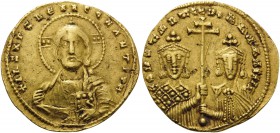 Constantine VII Porphyrogenitus, with Romanus I, 913-959. Solidus (Gold, 21 mm, 4.36 g, 6 h), Constantinople, 945-959. +IhS XPS REX REGNANTIЧm Facing ...