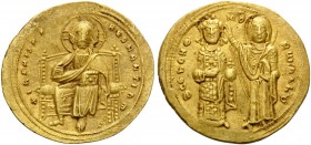 Romanus III Argyrus, 1028-1034. Histamenon (Gold, 24 mm, 4.38 g, 6 h), Constantinople. + IhS XIS REX REGNANTIhm Christ Pantocrator seated facing on th...