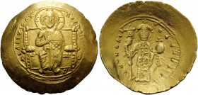 Constantine X Ducas, 1059-1067. Histamenon (Gold, 26 mm, 4.38 g, 6 h), Constantinople. +IhS IXS REX REGNANThIm Christ, nimbate, seated facing on strai...