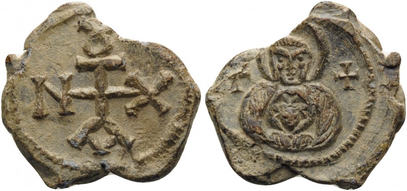 Antiochos, 6th-7th century. Seal (Lead, 23 mm, 8.31 g, 12 h). Nimbate bust of th...