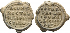 Leon, vestes, circa 11th century. Seal (Lead, 22 mm, 8.93 g, 11 h). ΛЄONT' BECTOY TOY MONACTIPIΩ in four lines within circular border. Rev. CΦPAΓ' ΓPA...