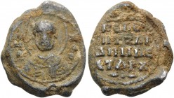 Naval seal, 11th century. Seal (Lead, 21.5 mm, 8.27 g, 12 h). O NIKOΛΑΟΣ Nimbate facing bust of Saint Nicholas, raising hand in benediction and holdin...