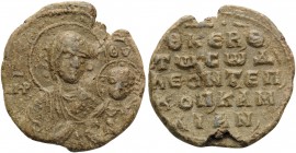 Leon bishop of Kamouliana, circa 11th century. Seal (Lead, 22.5 mm, 5.14 g, 12 h). MP ΘY Facing busts of the Theotokos and Infant Christ. Rev. Θ ΚЄ ΒΘ...