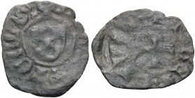 CRUSADERS. Duchy of Athens. Guillaume I de la Roche, 1280-1287. (Copper, 15 mm, 0.39 g, 9 h), Obole. + :G: DVX: ATHЄNЄS: Shield bearing the de la Roch...
