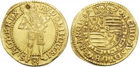 AUSTRIA. Rudolf II. 1576-1612. Ducat (Gold, 23.5 mm, 3.51 g), Dated 1589, Prague. RVDOL•II•D•G•R •ISA•G•H•B•REX Rudolf standing to right holding scept...