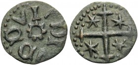 WALLACHIA. Radu I, circa 1377-1383. (Bronze, 13 mm, 0.57 g), Bani. Inscription around sun motive. Rev. Cross with four stars. MBR Type III, 78. Rare l...