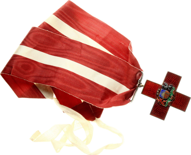 Latvia. Red Cross (1918) Badge I Class. Before 1939. With neck ribbon. Gilded si...