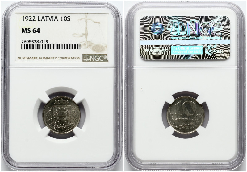 Latvia. 10 Santimu 1922. Nickel. KM-4. NGC MS 64.