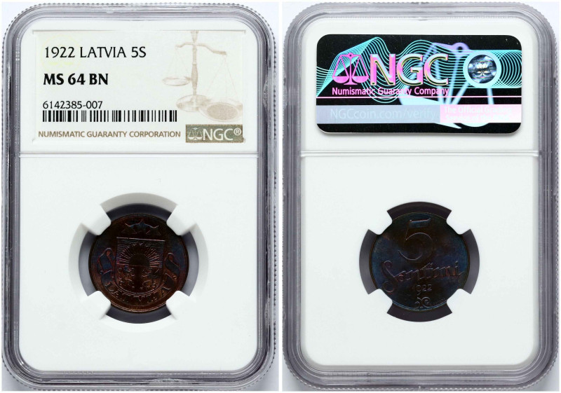 Latvia 5 Santimi 1922. Bronze. KM-3. NGC MS 64 BN ONLY ONE COIN IN HIGHER GRADE