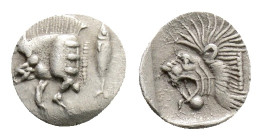Mysia, Kyzikos. AR Hemiobol, . Circa 450-400 BC.
Obv: Forepart of boar left; to right, tunny upward.
Rev: Head of roaring lion left; star to upper l...