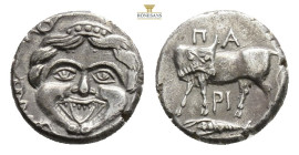 MYSIA. Parion. Hemidrachm (4th century BC). 2,2 g. 12,9 mm.
Obv: ΠΑ / ΡΙ. Bull standing left, head right; below, ivy leaf left.
Rev: Gorgoneion. SNG B...