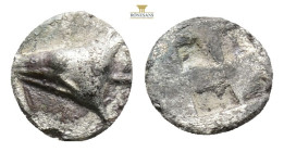 Mysia, Kyzikos. Ca. 600-550 B.C. AR obol (9 mm, 0.45 g). Tunny head left over tunny / Quadripartite incuse square. Cf. SNG BN 357-9; Klein 262.