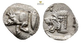 Mysia, Kyzikos. AR Hemiobol, . Circa 450-400 BC.
Obv: Forepart of boar left; to right, tunny upward.
Rev: Head of roaring lion left; star to upper l...