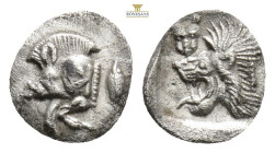 Mysia, Kyzikos. AR Diobol, 1.2 g 11,2 mm. Circa 450-400 BC.
Obv: Forepart of boar left; to right, tunny to right.
Rev: Head of lion left within incu...