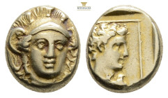 LESBOS. Mytilene. EL Hekte (Circa 377-326 BC). 2,5 g. 11,3 mm.
Obv: Head of Athena facing slightly right, wearing triple crested helmet.
Rev: Draped b...