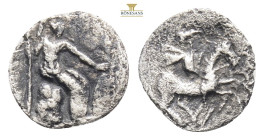 Cilicia, uncertain mint AR Obol. 4th century BC. Rider on horseback galloping to right, wearing petasos and mantle / Athena seated to right on rocks, ...
