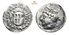 Cilicia, Tarsos. Tiribazos. Satrap of Lydia, 388-380 B.C. AR obol ( 0.33 g, ). Head of Arethusa(?) facing slightly left / Head of Hera (or Aphrodite?)...