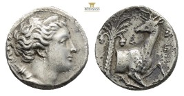 Ionia, Ephesos, silver denarius, Octobol 340-330 BC, 4,9 . 17,2 mm. bust of Artemis right, quiver and bow at shoulder, rev., E - , forepart of stag ri...