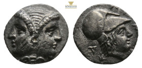 Mysia, Lampsakos. Silver Obol, 0,96 g 11,2 mm. 4th-3rd century BC. Obc: Female janiform head Rev: Helmeted head of Athena right, ΛΑΜ around. Ref: BMC ...