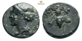 IONIA. Ephesos. Ae (Circa 375-325 BC). 1,3 g. 11 mm.
Obv: Female head left.
Rev: E - Φ. Bee.
SNG von Aulock 1839; SNG Copenhagen 256; BMC 68.