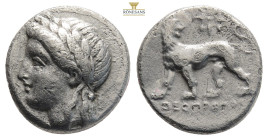 Ionia. Miletos circa 340-325 BC. POΔIOΣ (Rhodios), magistrate
Drachm AR, 3,55 g
Laureate head of Apollo left / Lion standing to left, his head turned ...