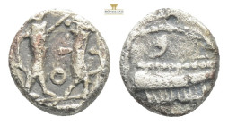 Greek, Samaria AR Obol. c. 375-333. 0.71 g, 8,6 mm. Galley l., over waves / Persian king battling lion; O between; all within incuse square. Cf. Mesho...