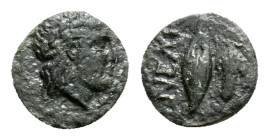 TROAS. Neandria. 4th century BC.AE (Bronze, 10,7 mm, 1.1 g, ). Laureate head of Apollo to right. Rev. NEAN Barley grain and bunch of grapes; above and...