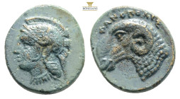 Klazomenai, Ionia. AE12 (1.51 g), c. 386-301 BC. 1,7 g. 13 mm.
Obv. Helmeted head of Athena left.
Rev. Ram's head left; (ram right, diff. Magistrate)