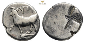 Thrace, Byzantion AR Siglos. Circa 340-320 BC. 1,9 g, 13,2 mm. Heifer standing left on dolphin left / Incuse mill-sail pattern. BMC Black Sea 21.