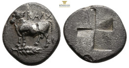 Bithynia, Kalchedon AR Siglos or Drachm. Persic standard. Circa 340-320 BC. Bull standing to left on grain ear; KAΛX above / Incuse granulated mill-sa...