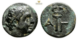 Greek Coins, THRACE. Agathopolis. Ae (Circa 300 BC). 1,3 g. 11,1 mm.
Obv: Diademed young male head right.
Rev: A - Γ. Kerykeion. BMC -; Head HN, p. ...