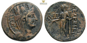 CILICIA. Kelenderis. Ae (2nd-1st centuries BC).
Obv: Turreted, veiled and draped bust of Tyche right; 
Rev: Apollo standing left, holding branch and l...