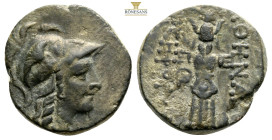 Greek Asia. Mysia, Pergamon. AE 4,6 g. 19.5 mm. Circa 133-27 BC. Obv. Helmeted head of Athena right. Rev. ΑΘΗΝΑΣ ΝΙΚΗΦΟΡΟΥ. Trophy consisting of helme...