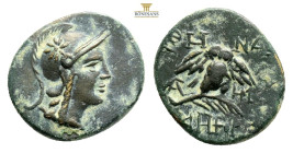 MYSIA. Pergamon. (Circa 200-133 BC). AE Bronze (12,7 mm. 3 g.)
Obv: Head of Athena right, wearing helmet decorated with star.
Rev: AΘHNAΣ / NIKHΦOPOY....