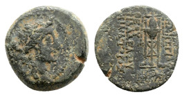 Seleukid Empire, Demetrios II Nikator Æ, 6,6 g. 19 mm. First Reign. Antioch on the Orontes, 146-138 BC. Laureate head of Apollo to right / Filleted tr...