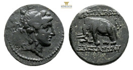 SELEUKID EMPIRE. Alexander I Balas. 152-145 B.C. Æ. 2.8 g. 15,1 mm. Antioch on the Orontes mint. Head of Dionysos right, wreathed with ivy / Elephant ...