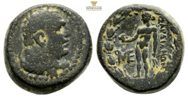 LYDIA. Sardes. Circa 133 BC-AD 14. AE (Bronze, 17,2 mm, 6,9 g, ). Head of Herakles to right, lion skin tied around his neck. Rev.ΣAPΔIANΩN Apollo stan...