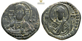 ROMANUS IV.(1068-1071).Anonymous Class G.Constantinople.Follis. 7,6 g 25,1 mm.
Obv : Bust of Christ facing with nimbate cross, pallium and colobium, a...