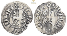 Cilician Armenia (1226-1270 AD) Hetoum I AR Tram. Hetoum and Queen Zabel standing facing, holding long cross between them. Crowned lion walking right;...