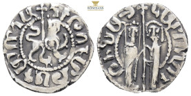 Cilician Armenia (1226-1270 AD) Hetoum I AR Tram. Hetoum and Queen Zabel standing facing, holding long cross between them. Crowned lion walking right;...