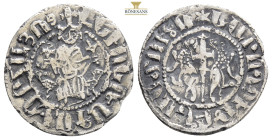 Armenia, Cilician Armenia. Levon I AR Tram. Sis mint, AD 1199-1219. ✠ \Levon, king of the Armenians\ in Armenian script, Levon seated facing on throne...