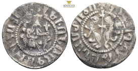 Armenia, Cilician Armenia. Levon I AR Tram. Sis mint, AD 1199-1219. ✠ \Levon, king of the Armenians\ in Armenian script, Levon seated facing on throne...